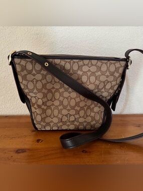 Coach Brown Signature Jacquard Crossbody with Dark Leather Trim